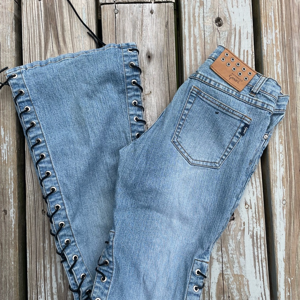 Drop Dead Sexy Lace-Up Flare Jeans in Light Blue